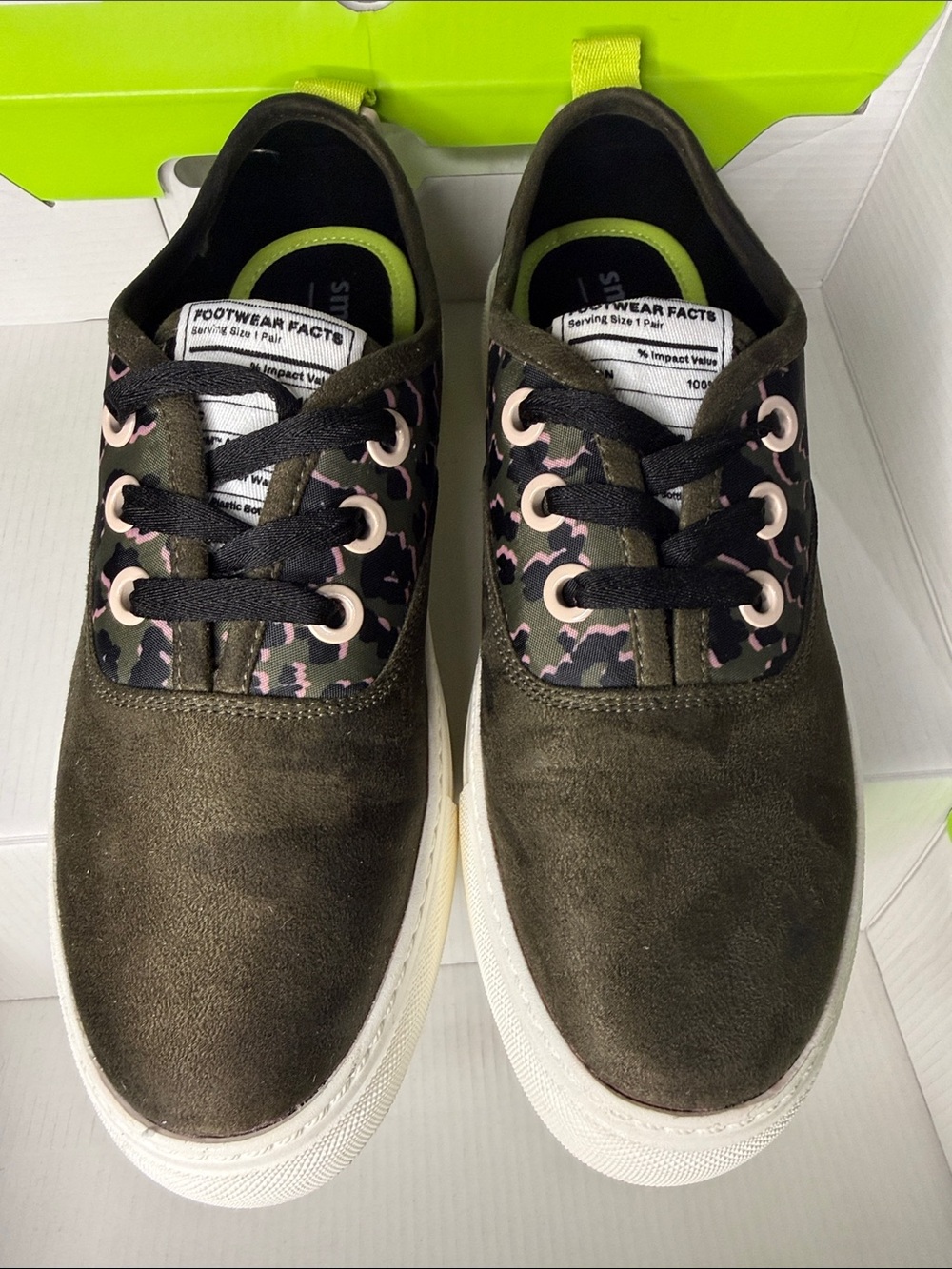 Olive Suede Platform Sneakers with Pink Camo Accent
